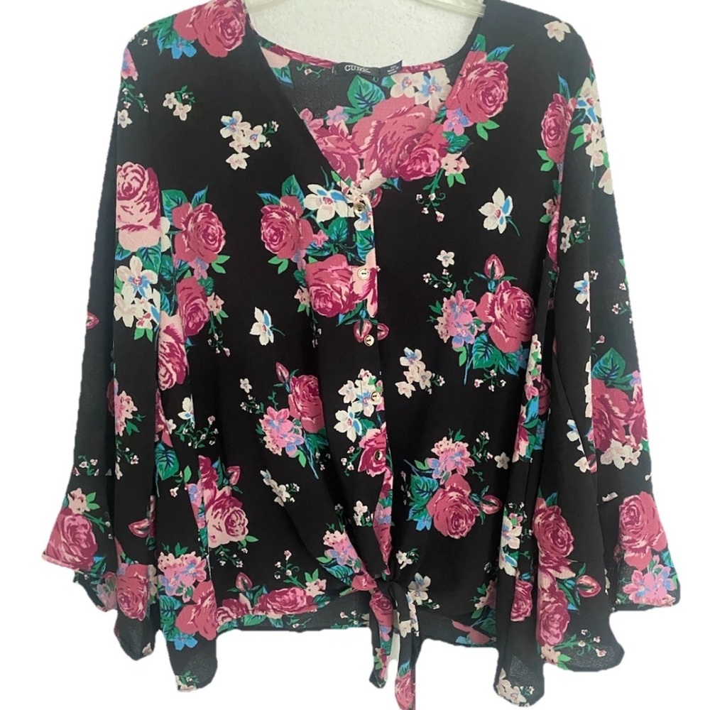CURE Women’s Floral Tie-Front Blouse Black Pink Roses 2XL NWT Bell Sleeves